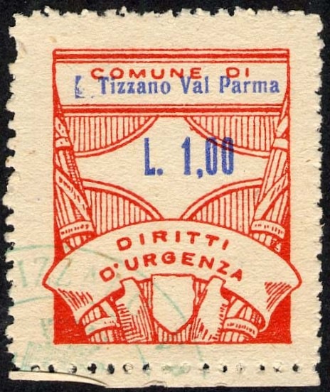 Marca da Bollo del Comune di TIZZANO VAL PARMA su Carta Bianca di dimensioni 22 x 29 mm