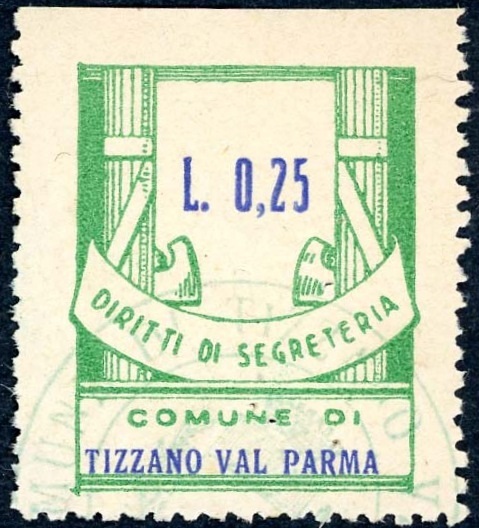 Marca da Bollo del Comune di TIZZANO VAL PARMA su Carta Bianca di dimensioni 22 x 29 mm