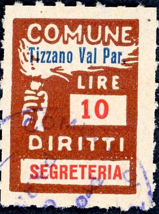 Marca da Bollo del Comune di TIZZANO VAL PARMA su Carta Bianca di dimensioni 18 x 25 mm