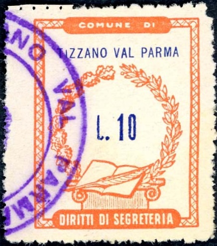 Marca da Bollo del Comune di TIZZANO VAL PARMA su Carta Bianca di dimensioni 20,5 x 26,5 mm