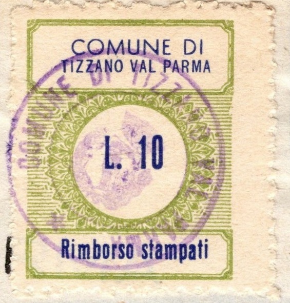 Marca da Bollo del Comune di TIZZANO VAL PARMA su Carta Bianca di dimensioni 20,5 x 26,5 mm