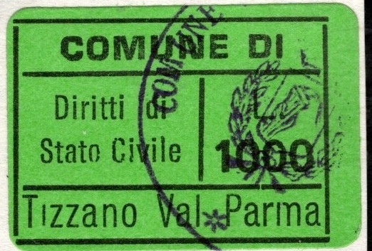 Marca da Bollo del Comune di TIZZANO VAL PARMA su Carta Colorata di dimensioni 20 x 14 mm