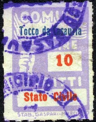 Marca da Bollo del Comune di TOCCO DA CASAURIA su Carta Bianca di dimensioni 18 x 26 mm