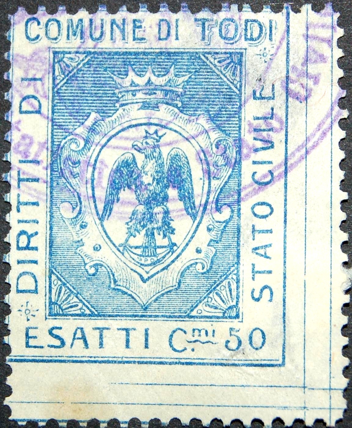 Marca da Bollo del Comune di TODI su Carta Bianca di dimensioni 24 x 30,5 mm