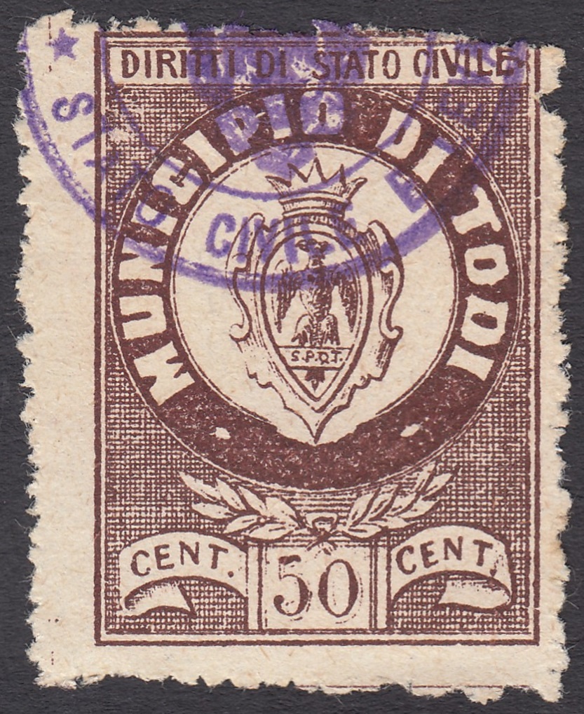 Marca da Bollo del Comune di TODI su Carta Bianca di dimensioni 245 x 34,5 mm