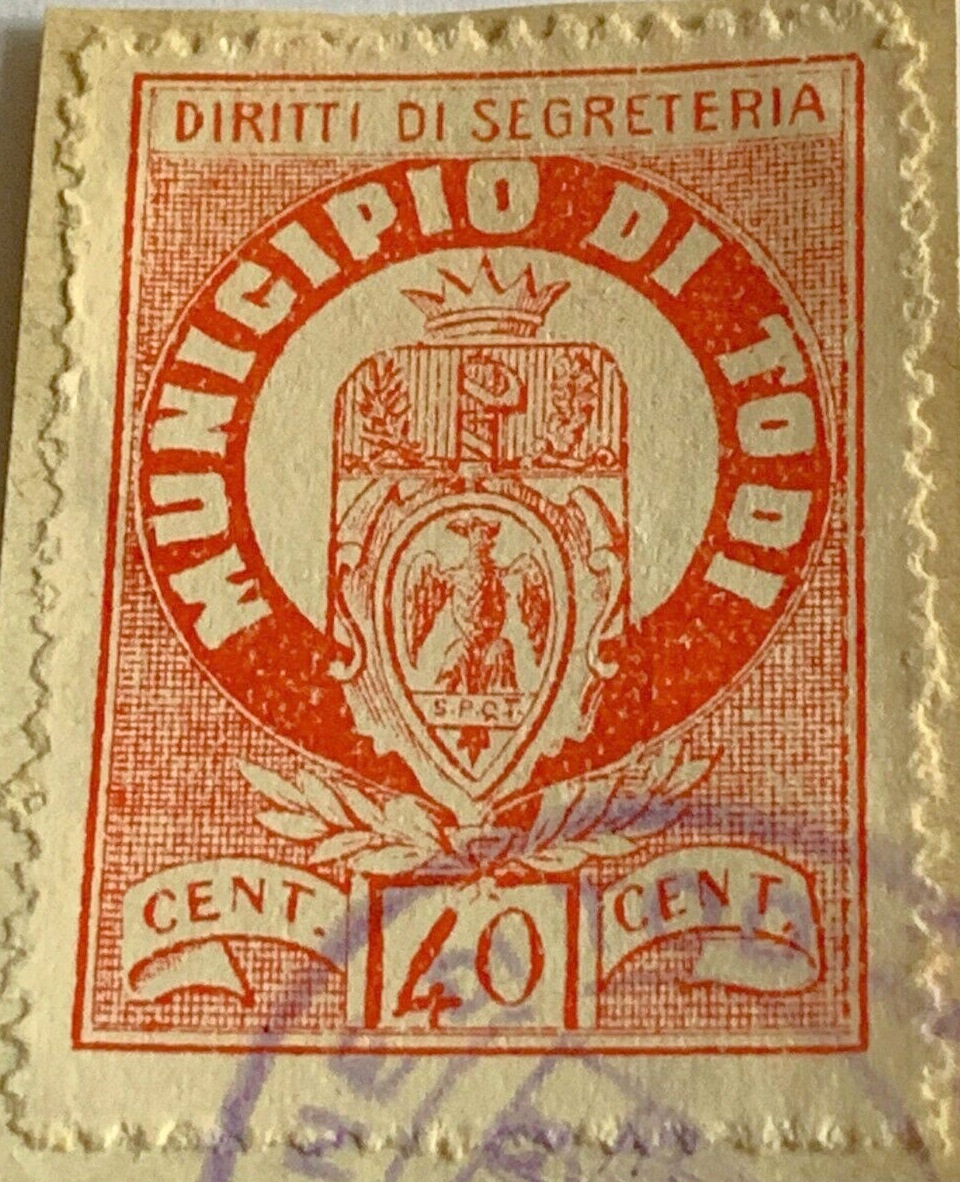 Marca da Bollo del Comune di TODI su Carta Bianca di dimensioni 23 x 29 mm