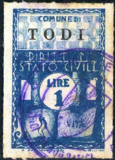Marca da Bollo del Comune di TODI su Carta Bianca Sottile di dimensioni 21 X 32 mm