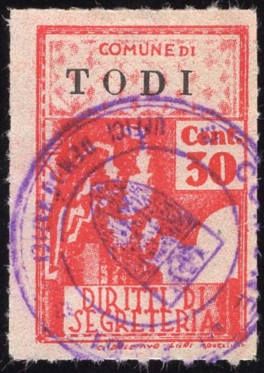 Marca da Bollo del Comune di TODI su Carta Bianca Sottile di dimensioni 21 X 32 mm