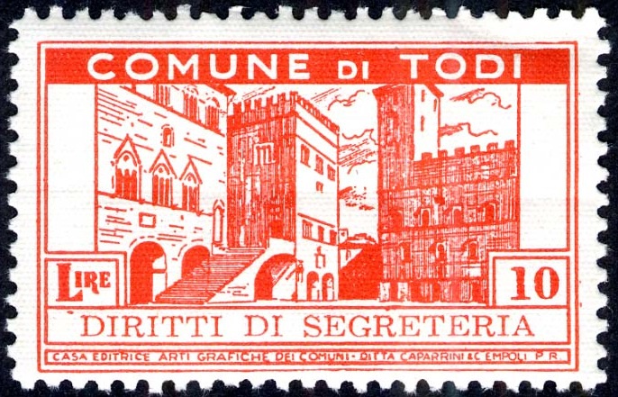 Marca da Bollo del Comune di TODI su Carta Bianca di dimensioni 42 x 26 mm