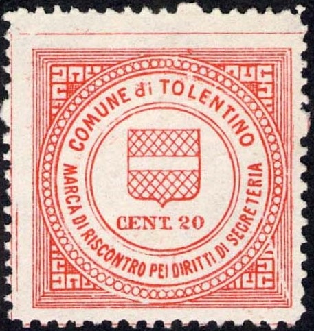 Marca da Bollo del Comune di TOLENTINO su Carta Bianca Sottile di dimensioni 26 x 25,5 mm