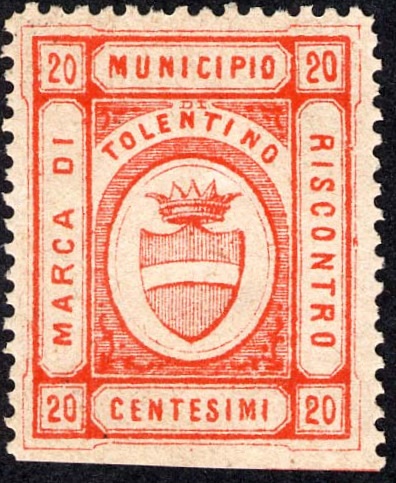 Marca da Bollo del Comune di TOLENTINO su Carta Bianca di dimensioni 23 x 29 mm