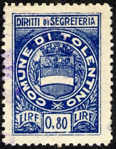 Marca da Bollo del Comune di TOLENTINO su Carta Bianca di dimensioni 25 x 27 mm