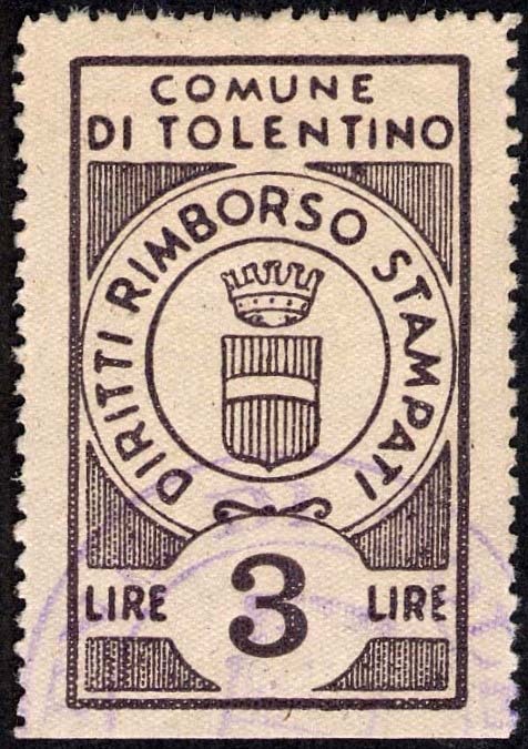 Marca da Bollo del Comune di TOLENTINO su Carta Bianca di dimensioni 25 x 41 mm