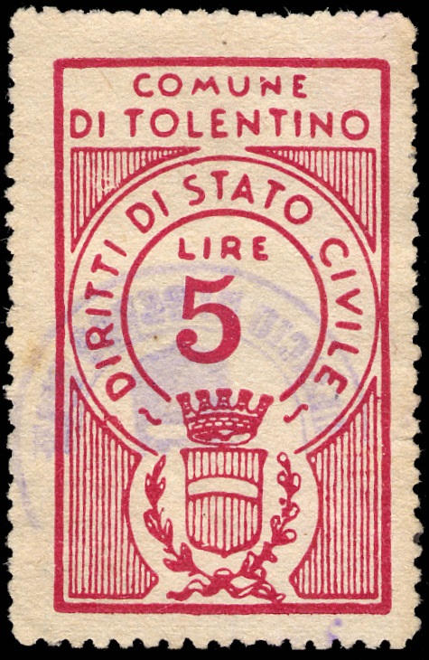 Marca da Bollo del Comune di TOLENTINO su Carta Bianca di dimensioni 25 x 41 mm
