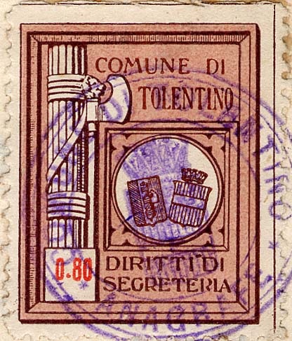 Marca da Bollo del Comune di TOLENTINO su Carta Bianca di dimensioni 24 x 30 mm