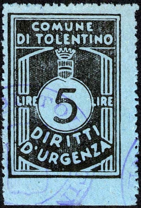 Marca da Bollo del Comune di TOLENTINO su Carta Colorata di dimensioni mm