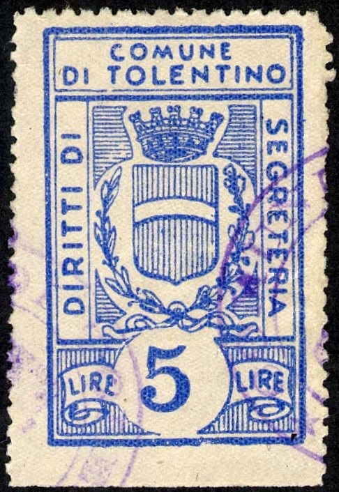 Marca da Bollo del Comune di TOLENTINO su Carta Bianca Sottile di dimensioni 25 x 41 mm