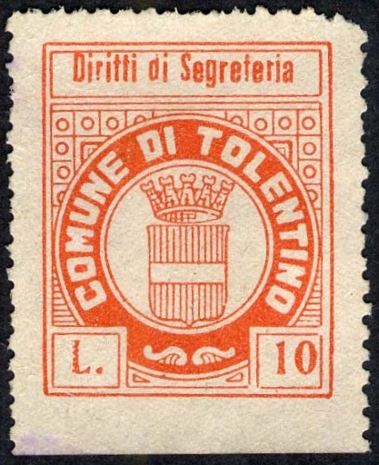 Marca da Bollo del Comune di TOLENTINO su Carta Bianca di dimensioni 22 x 27 mm