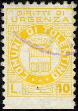 Marca da Bollo del Comune di TOLENTINO su Carta Bianca di dimensioni 15 x 20 mm