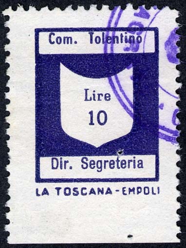 Marca da Bollo del Comune di TOLENTINO su Carta Bianca Sottile di dimensioni 17,5 x 24 mm