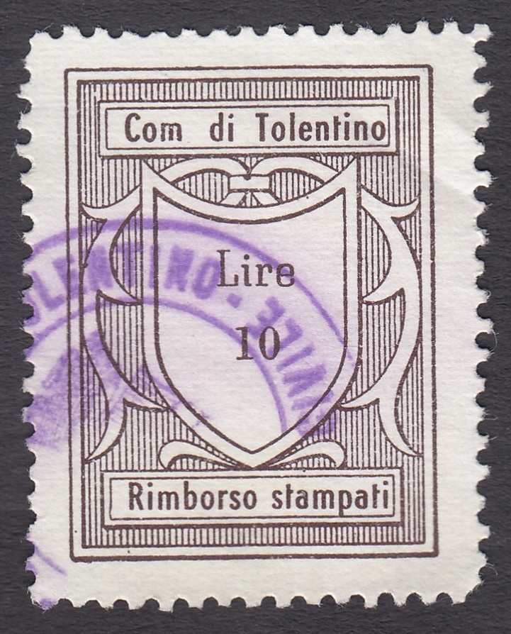 Marca da Bollo del Comune di TOLENTINO su Carta Bianca di dimensioni 22 x 29 mm
