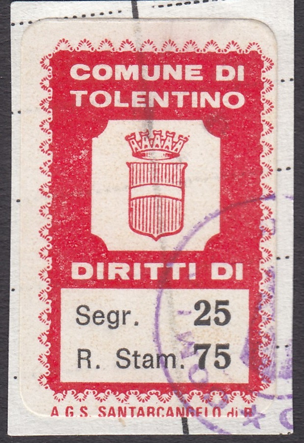 Marca da Bollo del Comune di TOLENTINO su Carta Bianca di dimensioni 20 x 33 mm