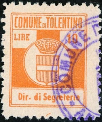 Marca da Bollo del Comune di TOLENTINO su Carta Bianca di dimensioni 13 x 22 mm