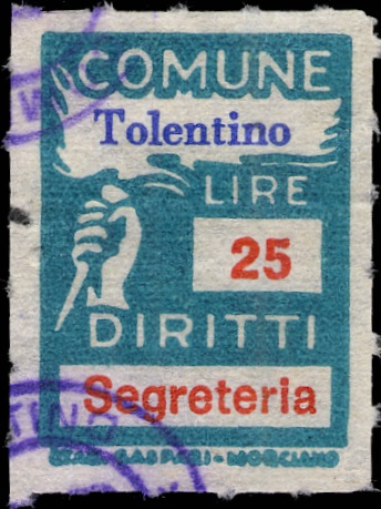 Marca da Bollo del Comune di TOLENTINO su Carta Bianca di dimensioni 18,5 x 26 mm