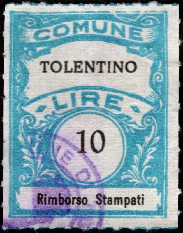 Marca da Bollo del Comune di TOLENTINO su Carta Bianca di dimensioni 22 x 28 mm