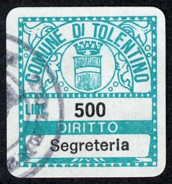 Marca da Bollo del Comune di TOLENTINO su Carta Bianca di dimensioni 19 x 20,5 mm
