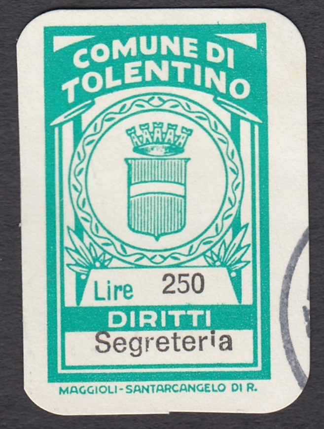Marca da Bollo del Comune di TOLENTINO su Carta Bianca di dimensioni 17,5 x 29 mm