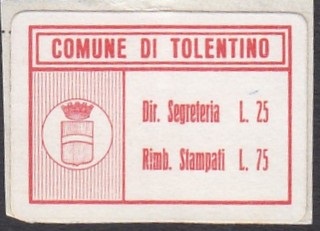 Marca da Bollo del Comune di TOLENTINO su Carta Bianca di dimensioni 26 x 12 mm