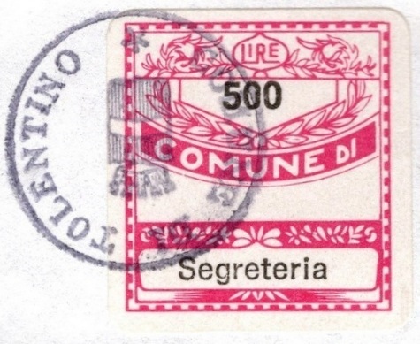 Marca da Bollo del Comune di TOLENTINO su Carta Bianca di dimensioni 19 x 21 mm