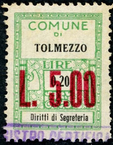 Marca da Bollo del Comune di TOLMEZZO su Carta Bianca di dimensioni 24 x 32 mm