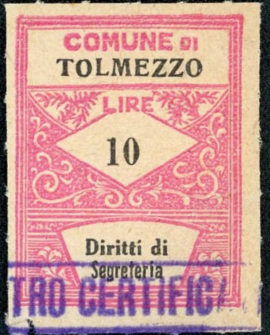 Marca da Bollo del Comune di TOLMEZZO su Carta Bianca Sottile di dimensioni 22 x 28,5 mm