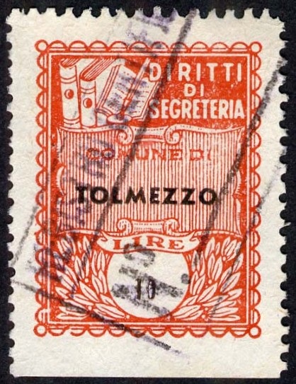 Marca da Bollo del Comune di TOLMEZZO su Carta Bianca di dimensioni 22 x 29 mm