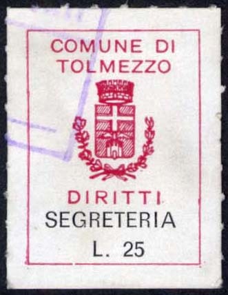 Marca da Bollo del Comune di TOLMEZZO su Carta Bianca di dimensioni 17,5 x 24 mm