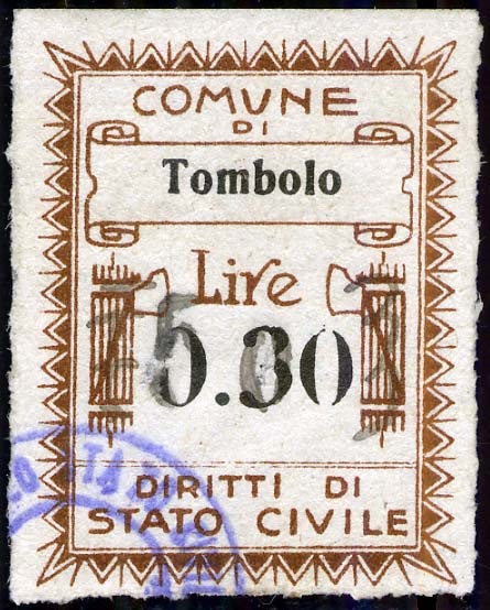 Marca da Bollo del Comune di TOMBOLO su Carta Bianca di dimensioni 27 x 35 mm