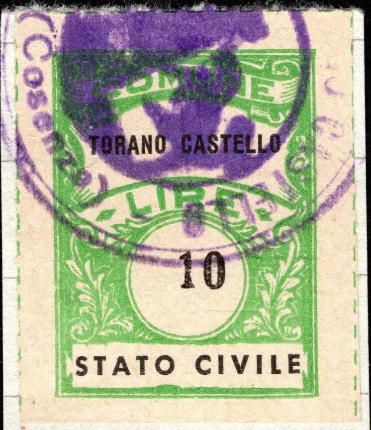 Marca da Bollo del Comune di TORANO CASTELLO su Carta Bianca di dimensioni 22 x 29 mm