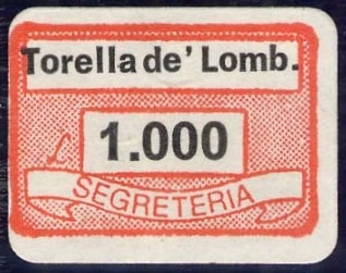 Marca da Bollo del Comune di TORELLA DEI LOMBARDI su Carta Bianca di dimensioni 19 x 14,5 mm