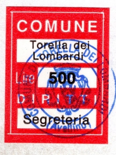 Marca da Bollo del Comune di TORELLA DEI LOMBARDI su Carta Bianca di dimensioni 15 x 21 mm