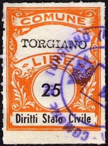 Marca da Bollo del Comune di TORGIANO su Carta Bianca Sottile di dimensioni 22,5 x 29 mm