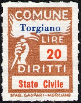 Marca da Bollo del Comune di TORGIANO su Carta Bianca Sottile di dimensioni 18 x 26 mm