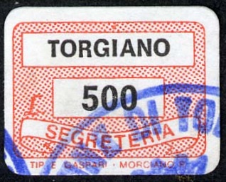 Marca da Bollo del Comune di TORGIANO su Carta Bianca di dimensioni 19 x 14,5 mm