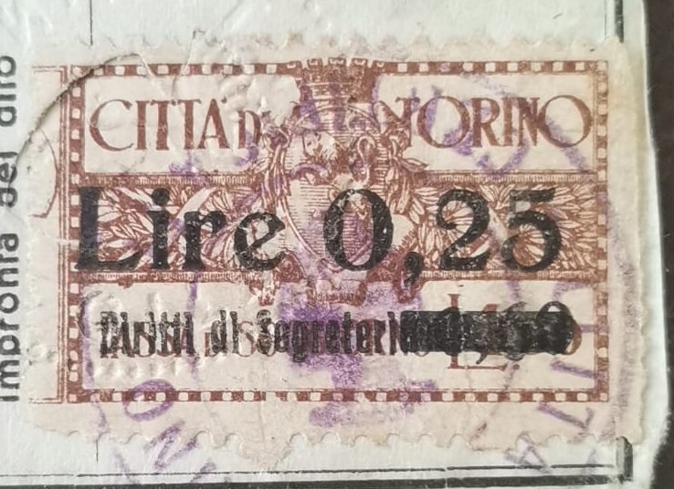 Marca da Bollo del Comune di TORINO su Carta Bianca di dimensioni 38 x 19 mm