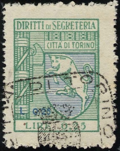 Marca da Bollo del Comune di TORINO su Carta Bianca di dimensioni 20 x 27 mm
