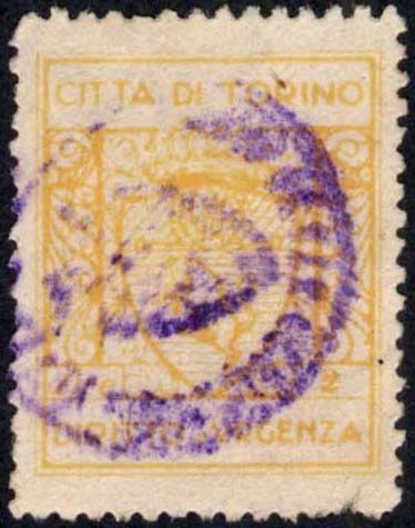 Marca da Bollo del Comune di TORINO su Carta Bianca Sottile di dimensioni 21,5 x 26,5 mm