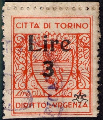 Marca da Bollo del Comune di TORINO su Carta Bianca Sottile di dimensioni 21,5 x 26,5 mm
