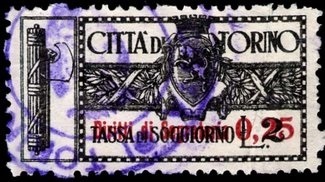 Marca da Bollo del Comune di TORINO su Carta Bianca Sottile di dimensioni 29,5 x 28,5 mm