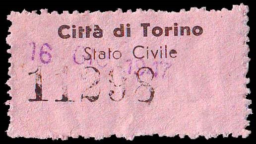 Marca da Bollo del Comune di TORINO su Carta Rosa di dimensioni 25 x 6 mm